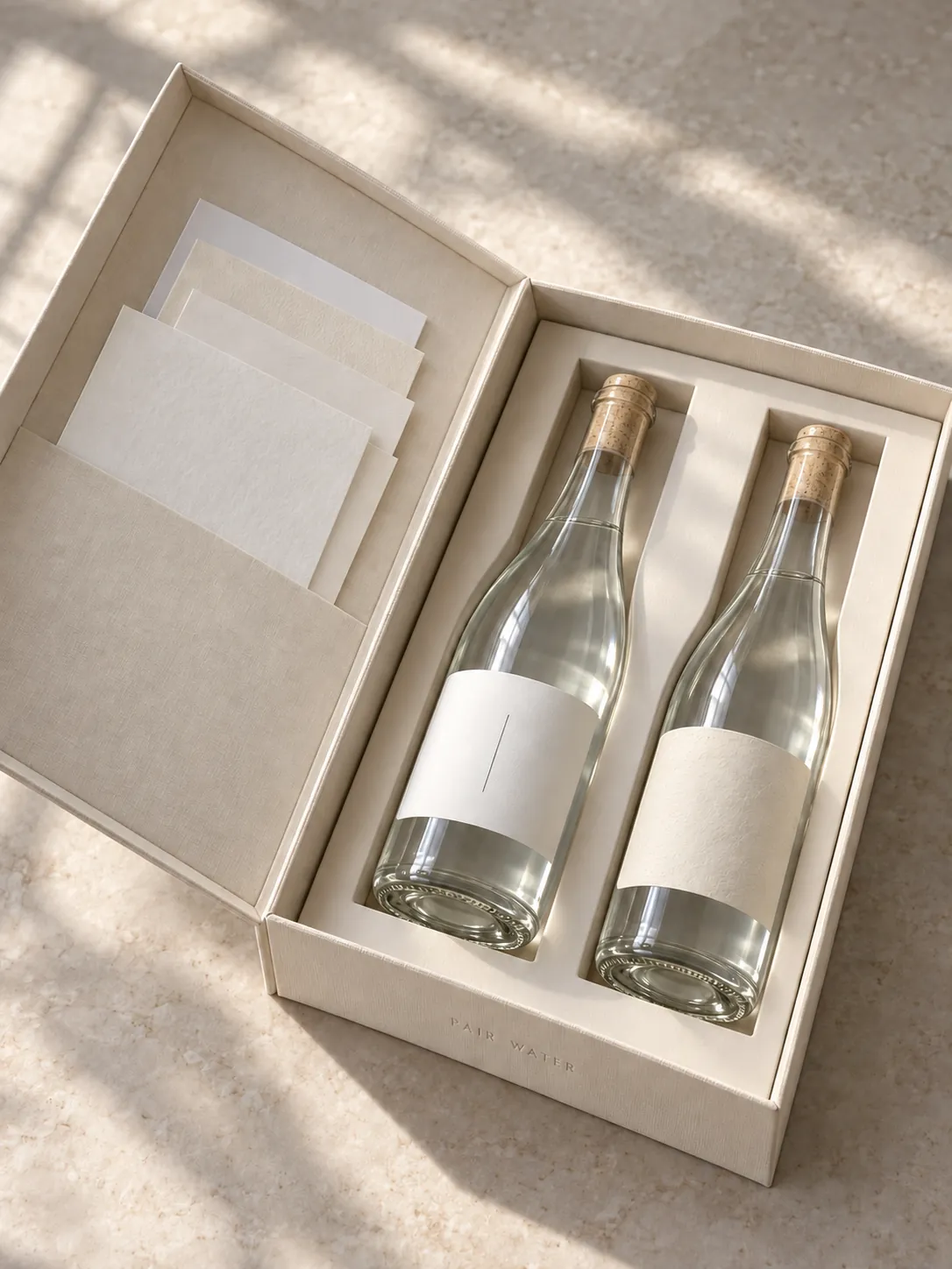 An ivory book-style sample box opened like an invitation suite, with two concept bottles and layered enclosure cards.