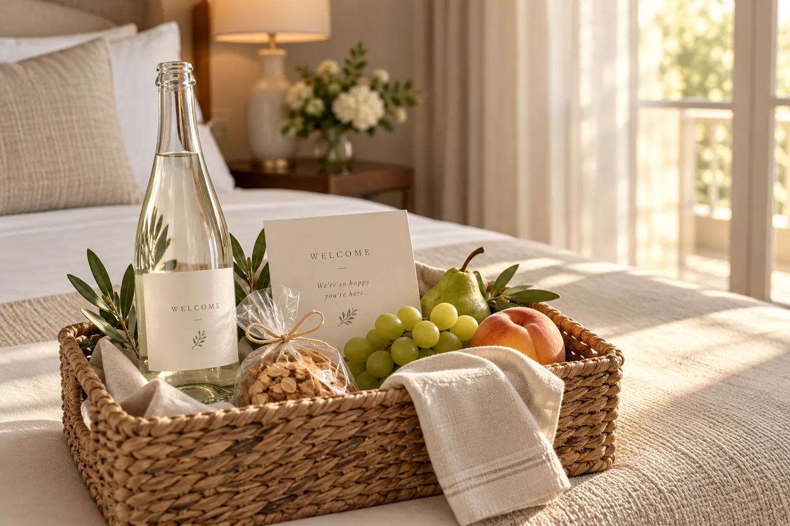 A welcome basket on a hotel bed, with a Pair bottle, white flowers, and a small card.